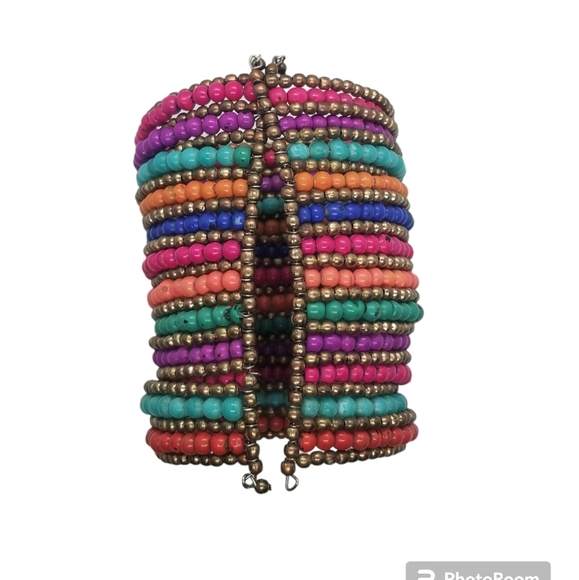 VINTAGE TALL HANDMADE MULTICOLOR SEED BEAD ETHNIC BOHO STATEMENT CUFF BRACELET - Picture 5 of 6